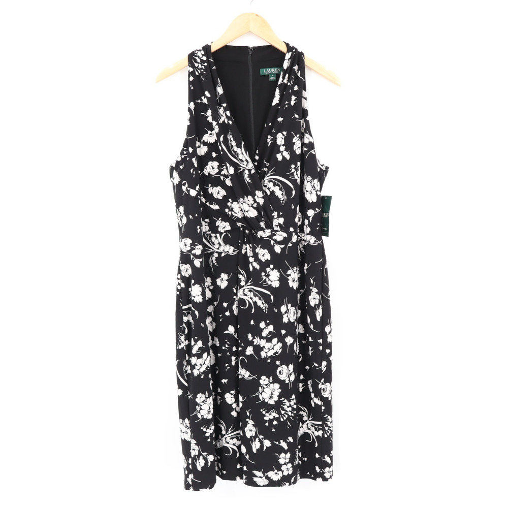 Lauren Ralph Lauren Women's Black White Floral Faux Wrap V-Neck Dress Sz 16 NEW